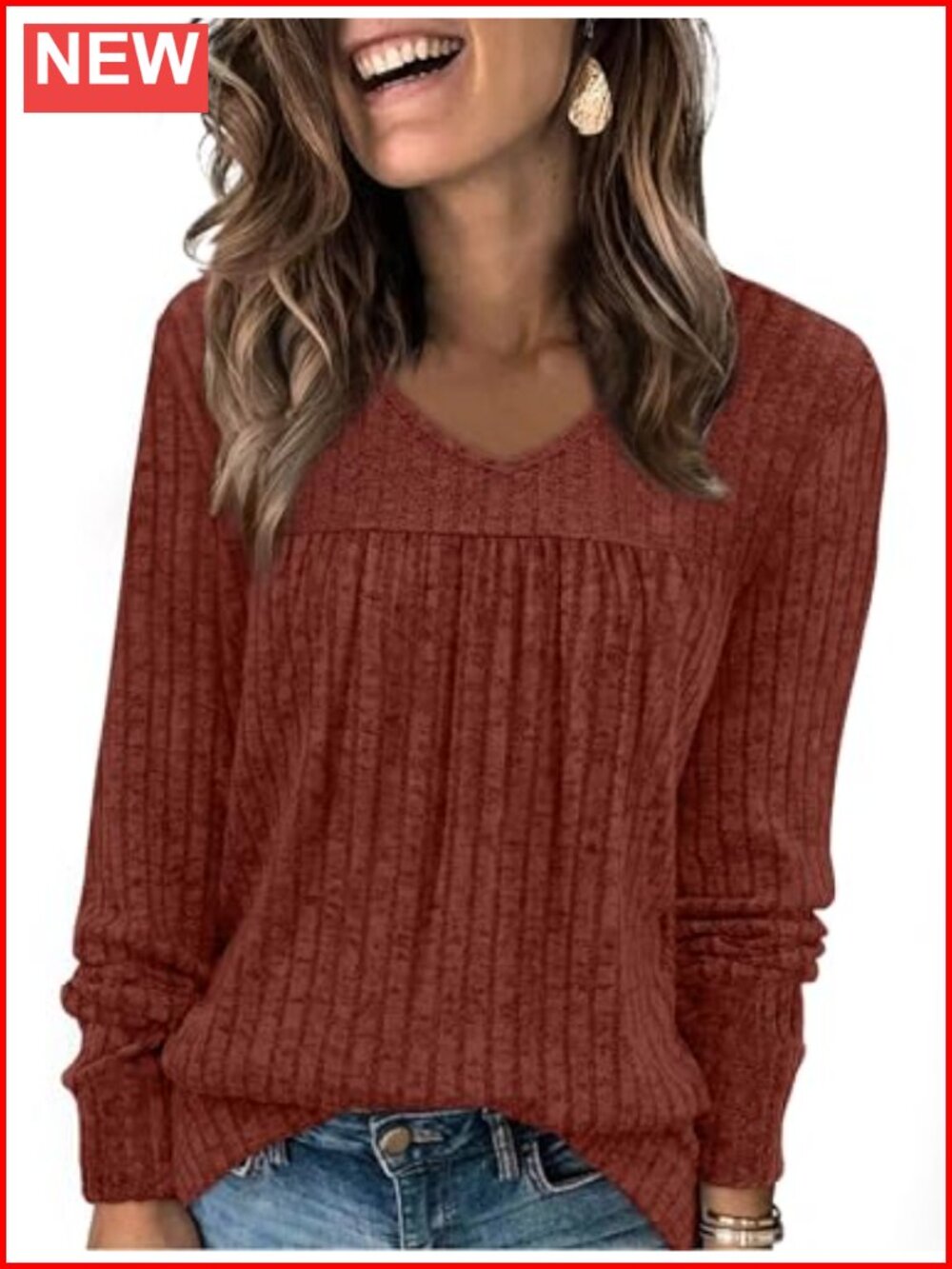 Womens V Neck Long Sleeve Ribbed Knit Tunic Sweater Top